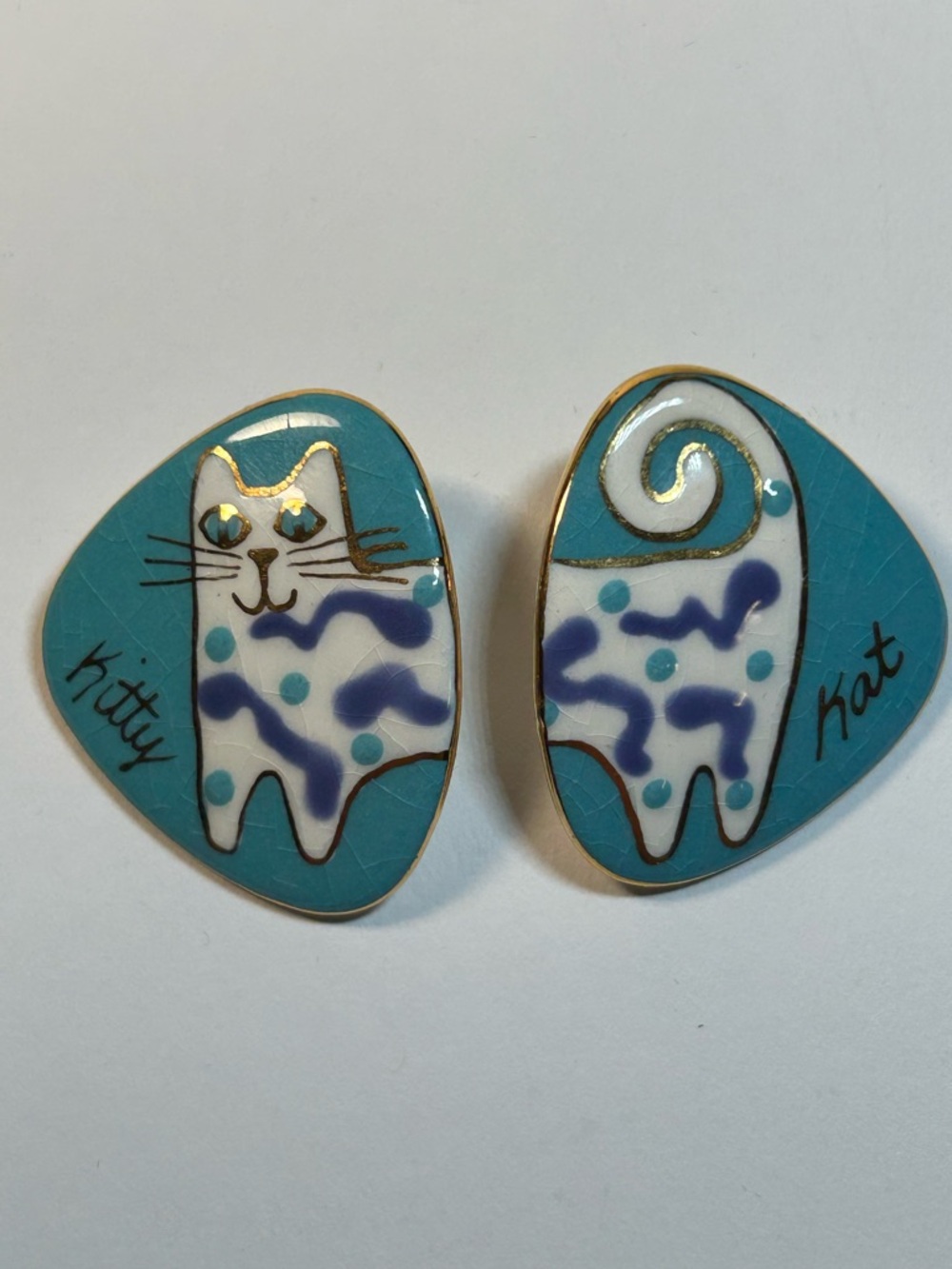 Kitty Kat Blue Ceramic Cat Earrings - Whimsical Cat Design